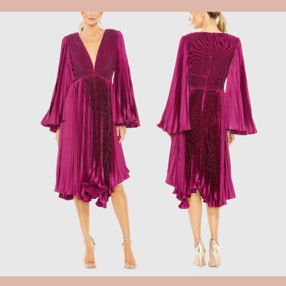 NWD Mac Dual [ 8 ] 49717 Long Flare Sleeve‎ Pleated Dress in Berry Pink